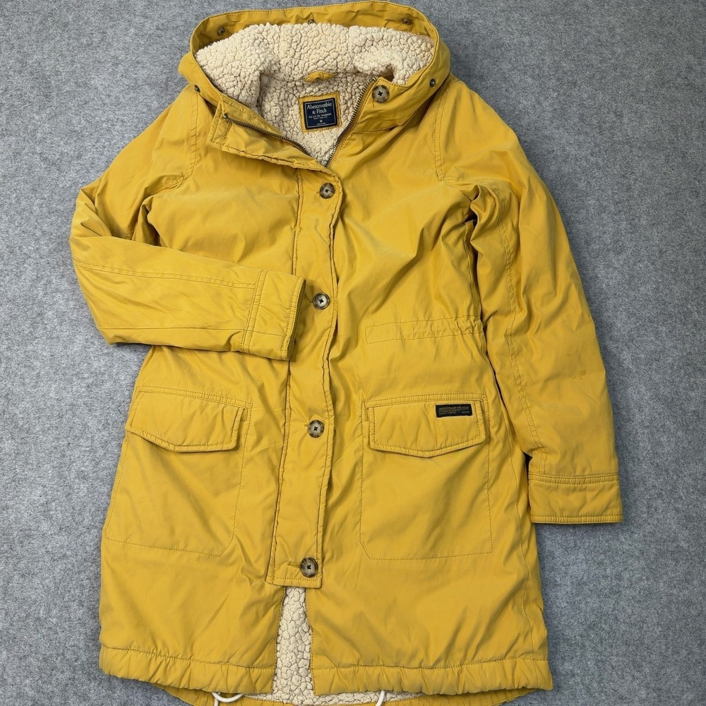 Abercrombie & Fitch Women's Parka Yellow Medium Hooded Sherpa Lined Full Zip